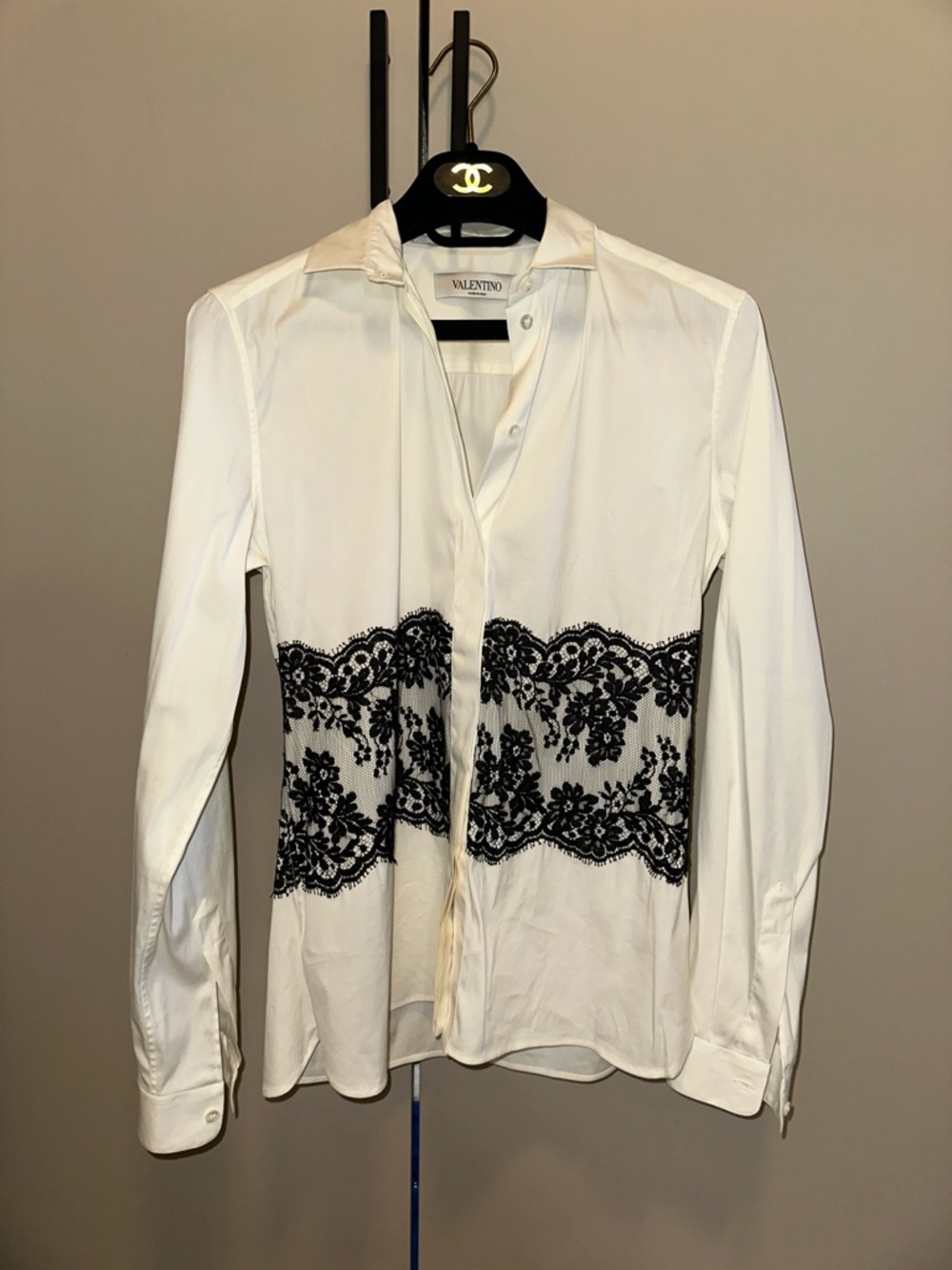 Valentino White Black Lace-Trim Silk Button-Up Blouse Top Size S
